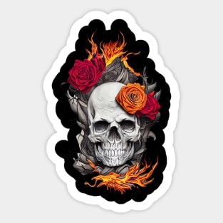 Flaming Skull and Roses Sticker